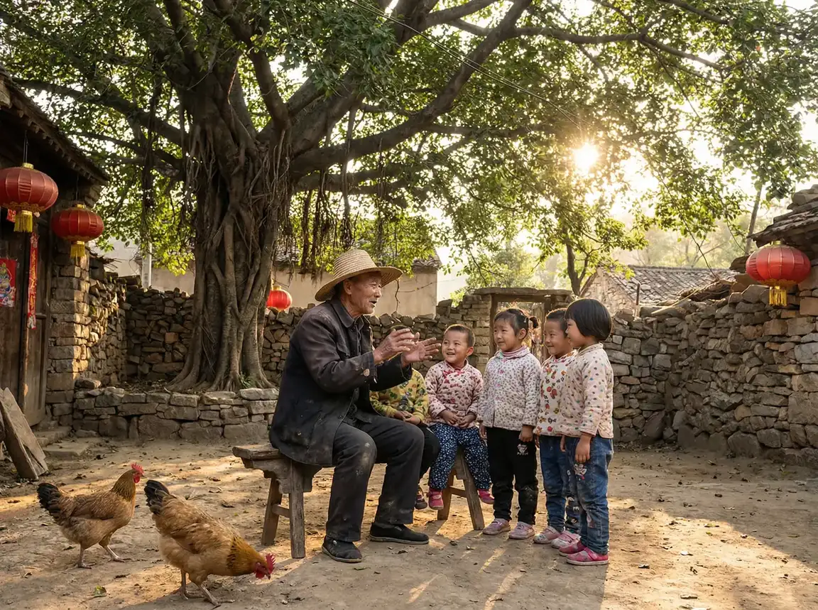 老人在大榕树下给孩子们讲故事 - 嗯啊宝宝怎么还这么紧 乡村记忆